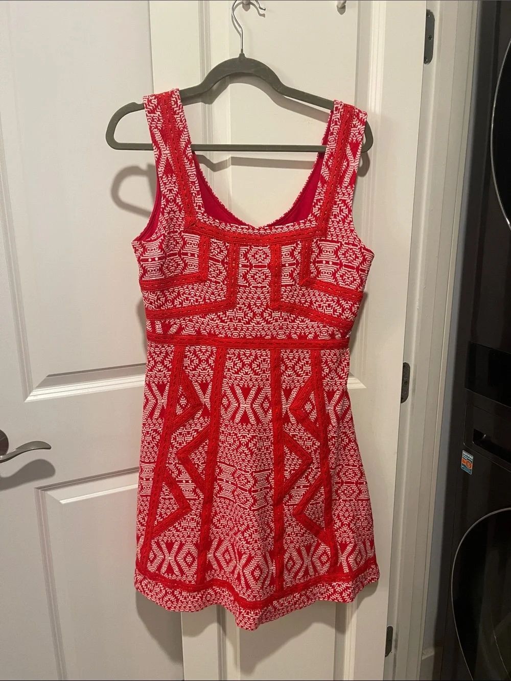 Anthropologie Red and White Patterned Sleeveless Mini Dress